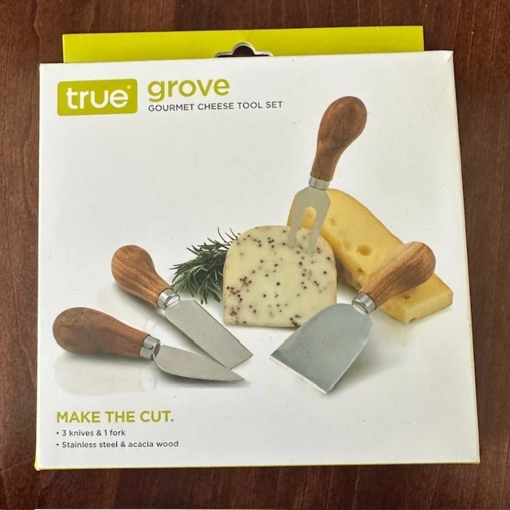 True Grove Gourmet Cheese Tool Set 3 Knives 1 Fork Stainless‎ Steel Acacia Wood